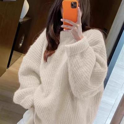 白色浣熊绒加厚毛衣女秋冬宽松慵懒马海毛温柔软糯冬季针织衫上衣
