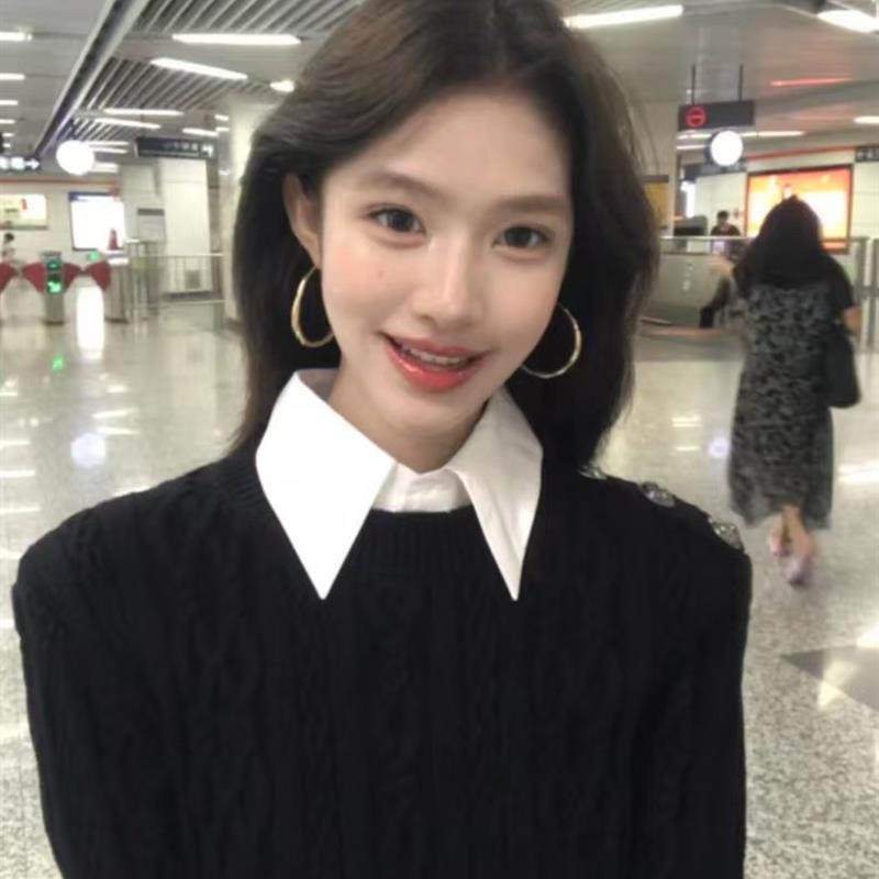 假两件内搭打底针织衫修身polo衫女秋季新款毛衣高级感衬衫领上衣