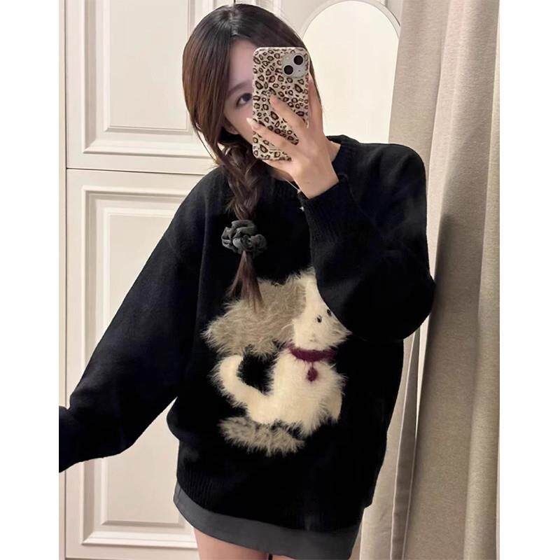 秋冬圆领套头黑色慵懒风毛衣女韩系软糯奶fufu宽松外穿针织衫上衣