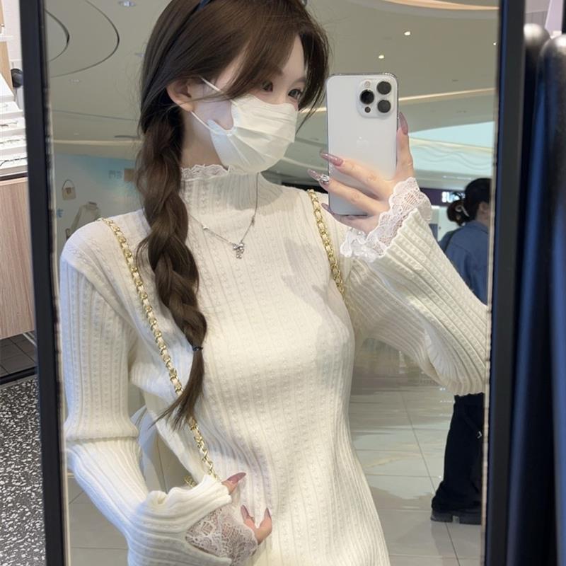 法式温柔风chic蕾丝半高领打底毛衣女2025秋季肌理感内搭针织上衣