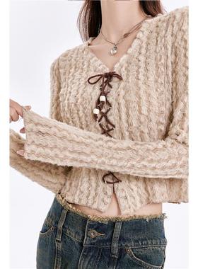 LINFANGING 纯欲风辣妹针织开衫设计感秋冬季修身显瘦长袖上衣女