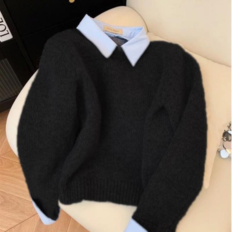 黑色polo领假两件浣熊绒毛衣女秋冬韩系慵懒学院风内搭针织衫上衣
