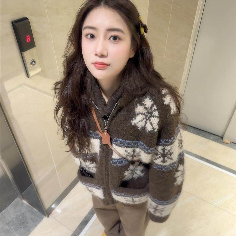 美式覆古连帽费尔岛毛衣开衫外套女秋冬宽松慵懒风高级感针织上衣