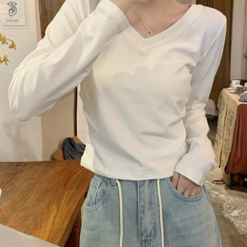 白色V领打底衫女2025春秋季修身短款正肩上衣韩版百搭长袖纯棉T恤