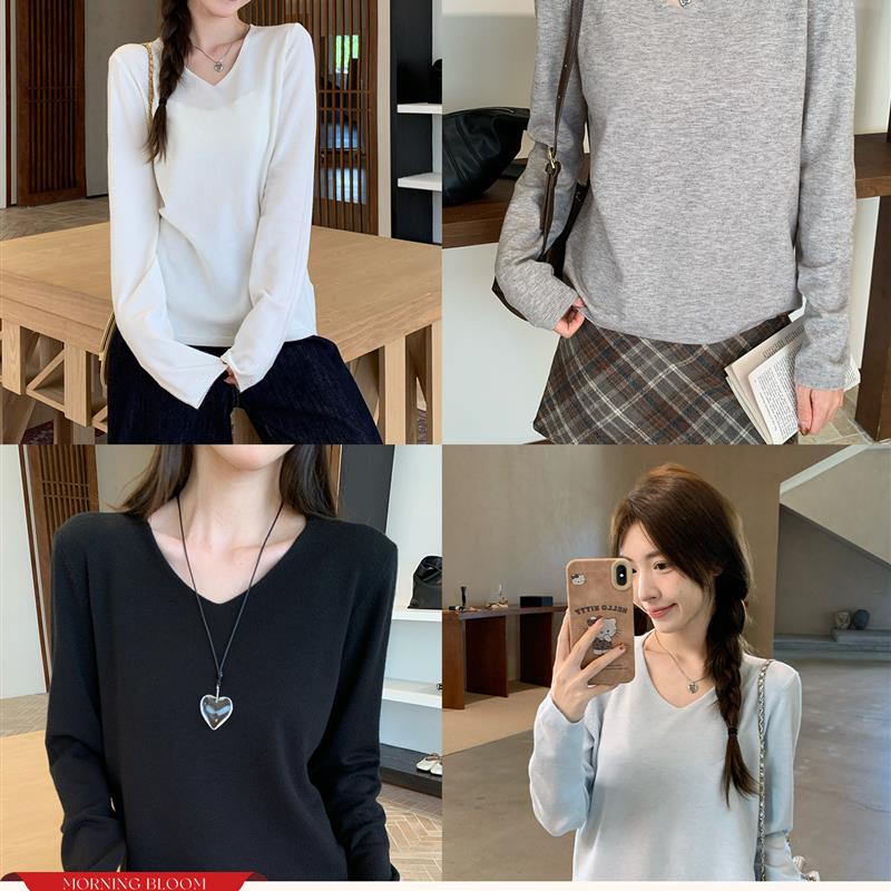morning bloom基础款纯色v领长袖针织衫女秋季宽松打底衫内搭上衣