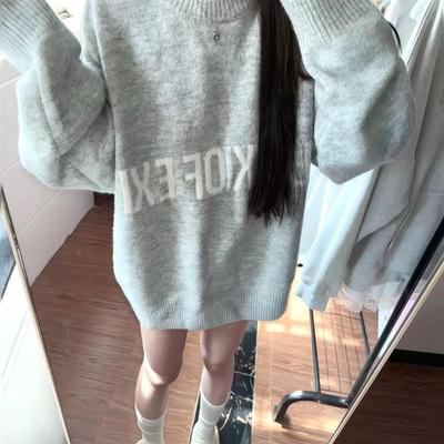 美式灰色圆领套头针织毛衣女秋冬季小个子慵懒风宽松加厚内搭上衣