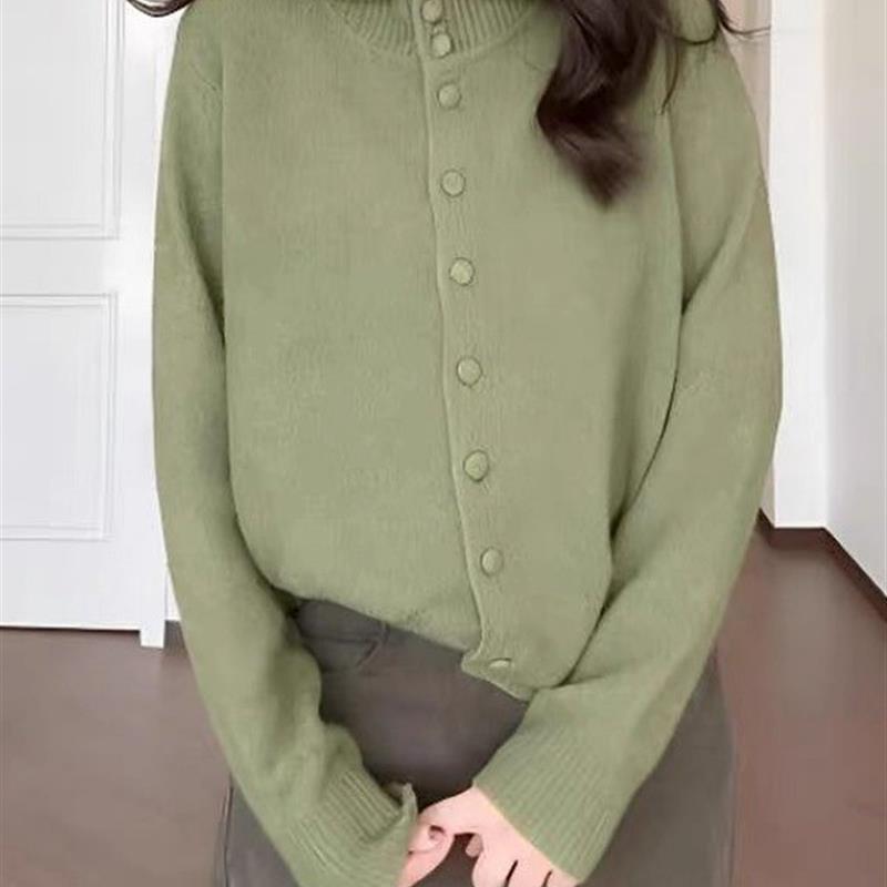 覆古绿色慵懒风连帽针织毛衣外套女款秋季大码胖MM宽松设计感上衣