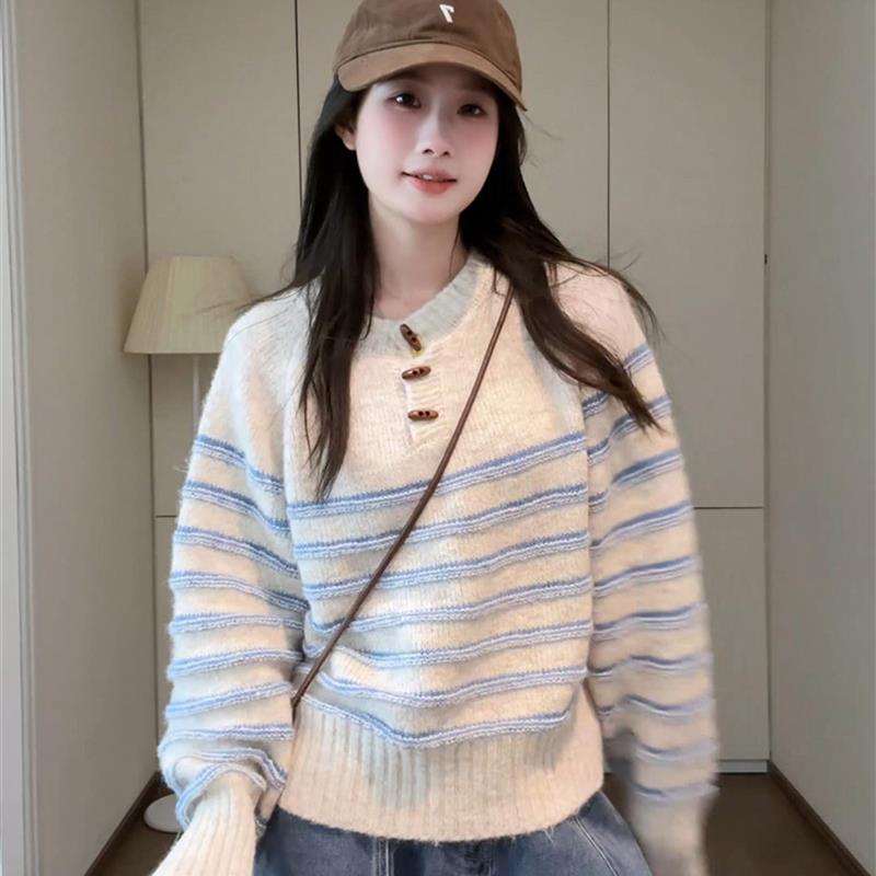 法式覆古慵懒风圆领针织衫上衣女秋冬季撞色条纹半开领米灰色毛衣