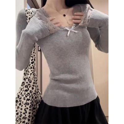 灰色蝴蝶结蕾丝针织衫上衣女春季甜辣修身内搭毛衣独特别致打底衫
