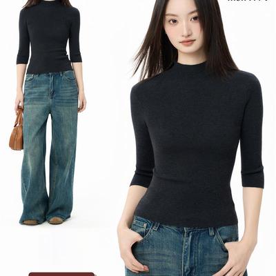 iiiamX半高领针织打底衫女秋季内搭毛衣针织衫修身半袖七分袖上衣