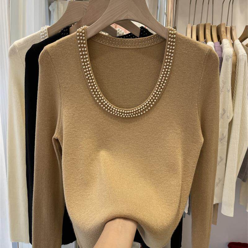 大码女装胖妹妹U领打底针织衫女秋冬设计感钉珠毛衣宽松显瘦上衣