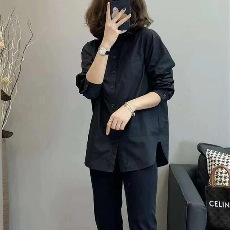 早秋欧货黑色衬衫女2024新款长袖通勤休闲叠穿内搭洋气加绒上衣女