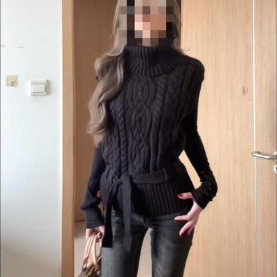 粗针毛线衣麻花黑色高领毛衣女秋冬新款高级感无袖针织衫马甲上衣