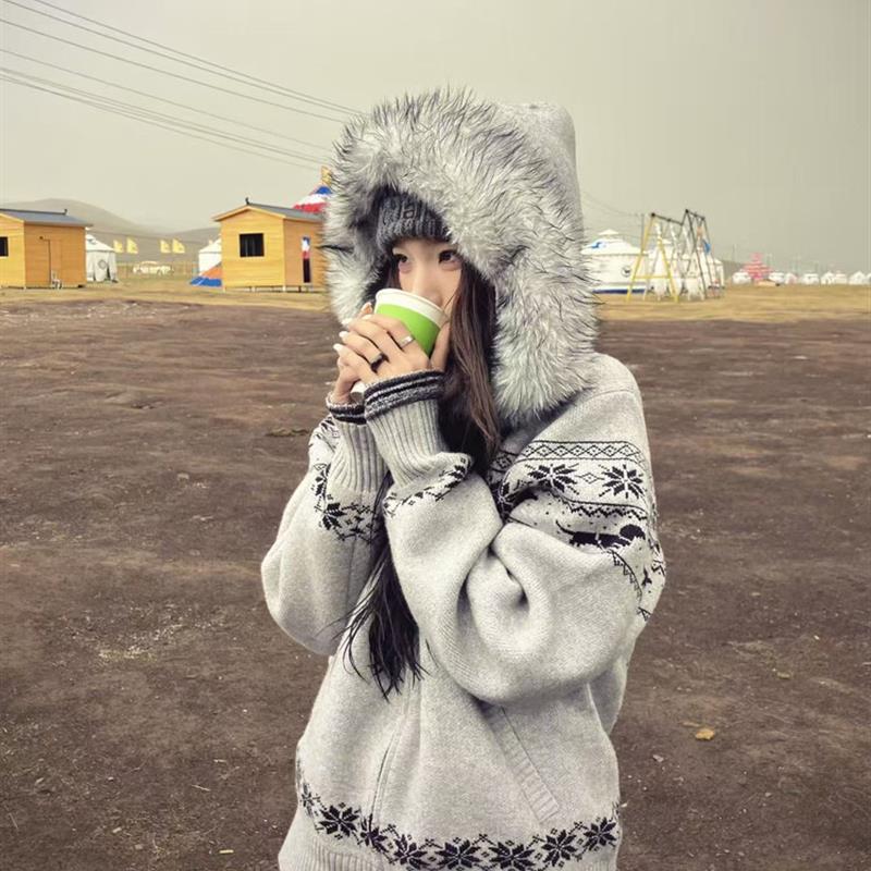 美式覆古毛领连帽针织开衫外套女秋冬小众设计感双拉炼宽松上衣厚