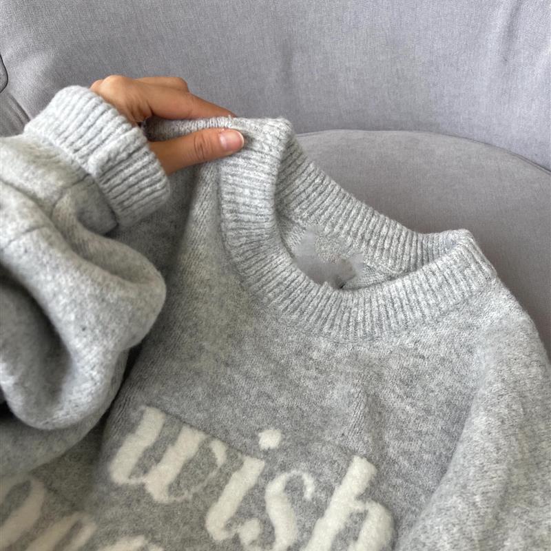 美式覆古字母提花灰色毛衣女秋冬宽松外穿慵懒风圆领软糯针织上衣
