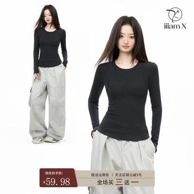 iiiamX灰色圆领内搭打底衫女2024冬加厚加绒打底t恤长袖修身上衣