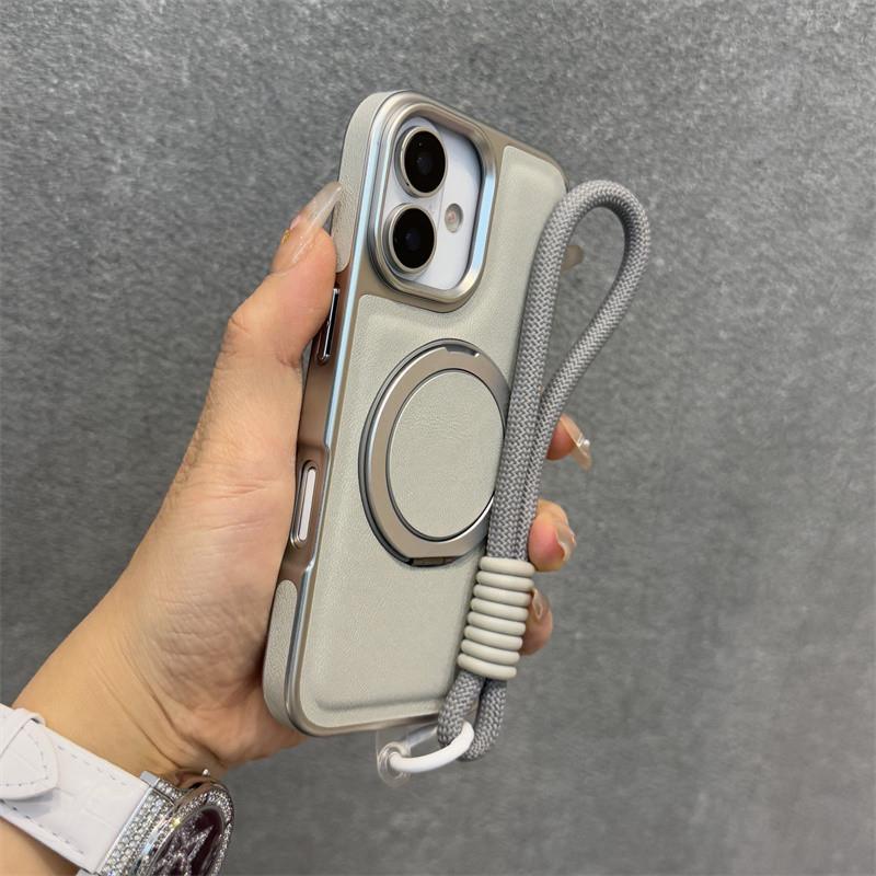 得乐适用苹果16手机壳烟灰色旋转支架iphone16promax电镀皮纹15pro磁吸14轻奢男女13防摔个性高级感16plus