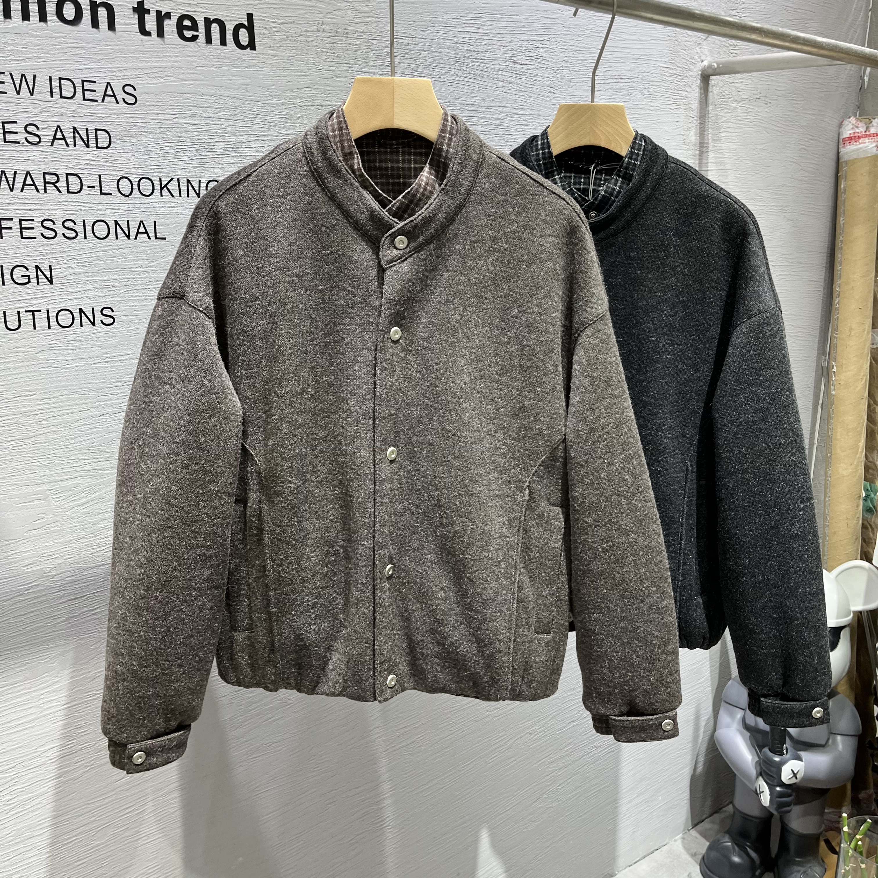 假两件羊毛呢羽绒服男冬季新款韩款休闲立领百搭潮流夹克款潮外套