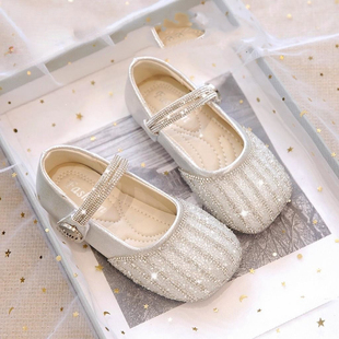 真皮女童鞋子水晶公主鞋2025新款儿童皮鞋女宝闪亮晶晶爱莎配礼服