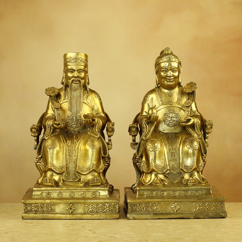 铜土地公土地婆佛像桌面摆件