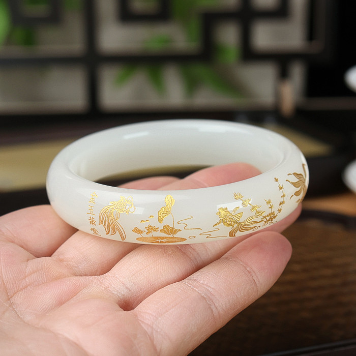 新疆和田玉白玉手镯女款时尚羊脂玉平安镯玉镯金玉满堂镶嵌镯子