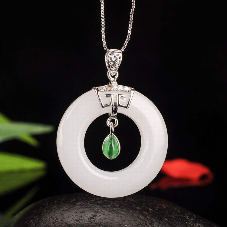 天然和田白玉平安扣镶嵌玉石吊坠925银吊坠女款时尚项链坠