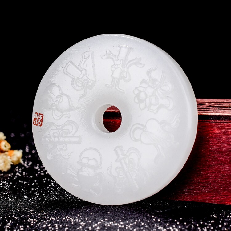 天然新疆和田玉白玉暗八仙五福八宝吊坠玉坠挂件平安扣平安牌玉坠