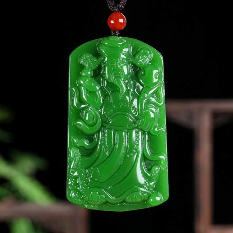 和田玉碧玉财神平安牌吊坠新疆菠菜绿玉石财神爷项链挂坠玉坠