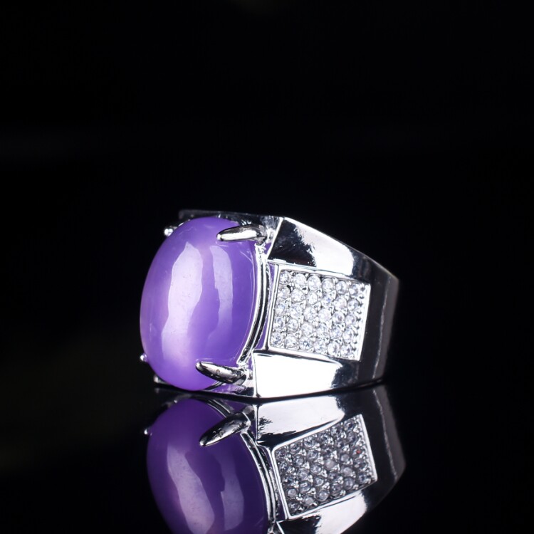 缅甸天然A货翡翠玉石925银镶嵌戒指紫罗兰色翡翠蛋面戒指指环戒指