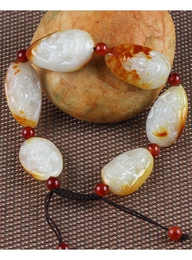 天然新疆和田玉财神手链和田玉籽料白玉红泌皮财神手串手链包邮