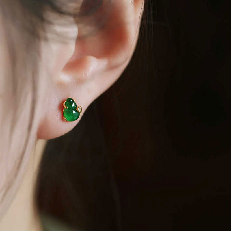 福禄天然翡翠葫芦纯银耳钉女新中式国风绿色玉石玄学旺财耳饰耳环