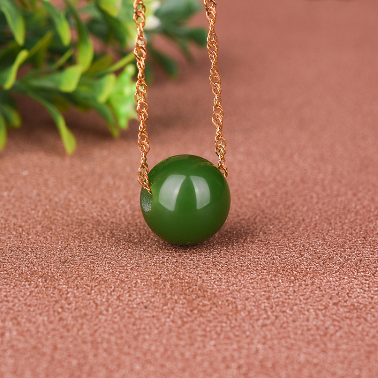 天然和田玉吊坠女款菠菜绿碧玉好运珠路路通锁骨链项链玉坠