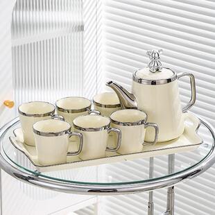 家用客厅待客杯具轻奢风高档茶具茶杯 卡其社陶瓷水壶水杯杯子套装