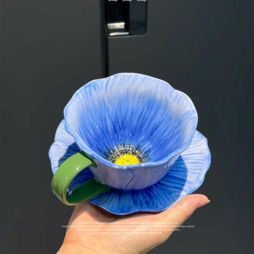 MOMO HOME小蓝花陶瓷咖啡杯艺术感花朵拿铁杯高颜值咖啡杯碟浪漫