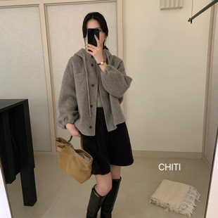 95高支澳毛 HITI驰媞 含5羊绒 羊绒羊毛外套 8020 宽松连帽短款