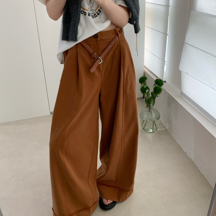 BLESSED MOMENT约大气超气质下摆毛边阔腿休闲裤配腰带FK1155