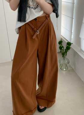 BLESSED MOMENT约大气超气质下摆毛边阔腿休闲裤配腰带FK1155