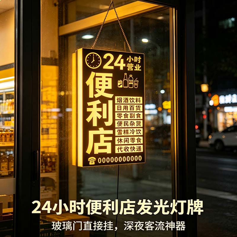 24小时便利店发光灯牌玻璃门挂式LED店铺招牌夜间广告牌