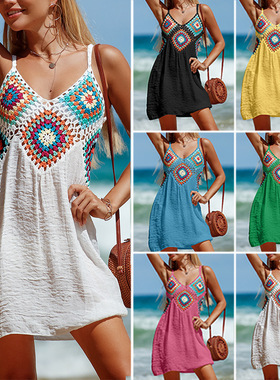 V-neck hollowed out beach cover dressV领镂空沙滩罩衫连衣裙女