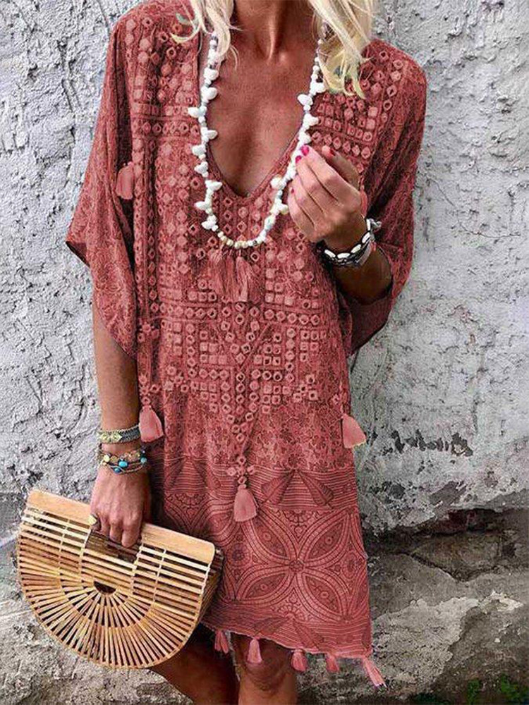 2022 Summer Solid Print V-Neck Dress2022夏纯色印花V领连衣裙