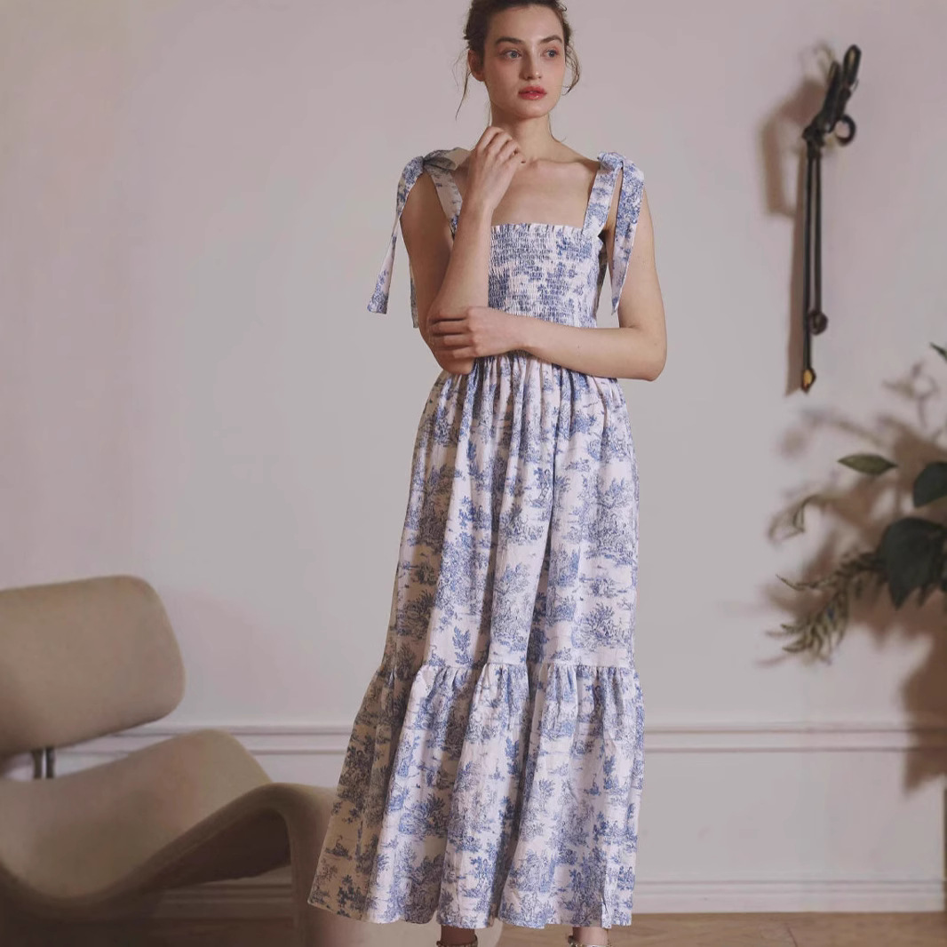 Casual lace up sleeveless printed dress休闲系带印花连衣裙女