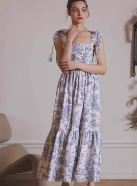 Casual lace up sleeveless printed dress休闲系带印花连衣裙女