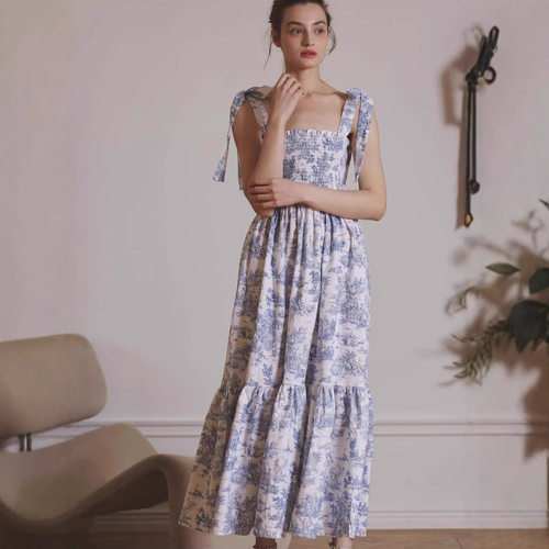 Casual lace up sleeveless printed dress休闲系带印花连衣裙女