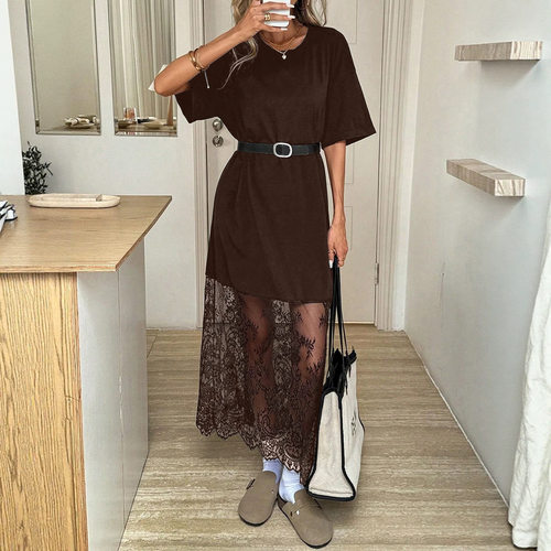 圆领蕾丝短袖连衣裙    Round neck lace short sleeved dress