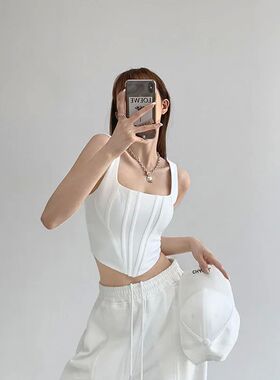 Solid color sexy fishbone pressed top纯色性感鱼骨压条上衣女