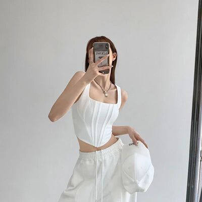 Solid color sexy fishbone pressed top纯色性感鱼骨压条上衣女