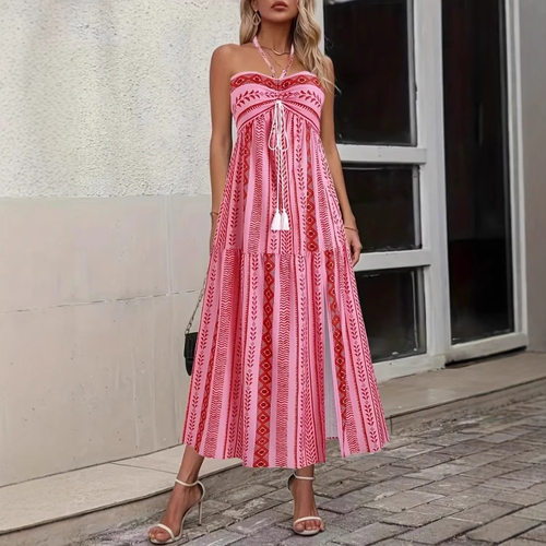 开叉印花系带抹胸连衣裙Split printed lace up strapless dress