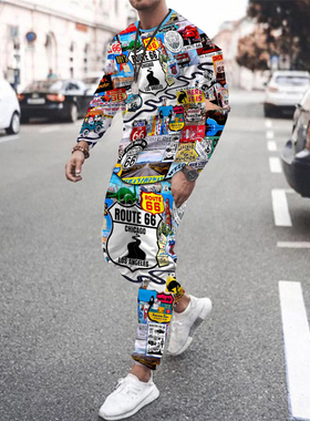 3D Print Long Sleeve Pantsuit Male      3D印花长袖长裤套装男
