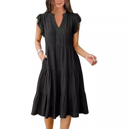 V领荷叶袖连衣中裙 V-neck ruffle sleeve jumpsuit mid skirt