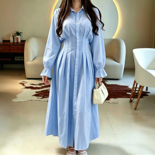 Collar and waist cinching pleated dress翻领收腰褶皱连衣裙